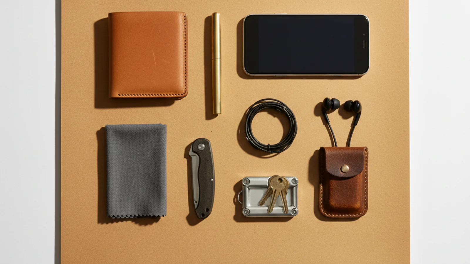 Kit EDC urbain déballé sur une table en chêne : ordinateur, carnet, trousse, clés, écouteurs