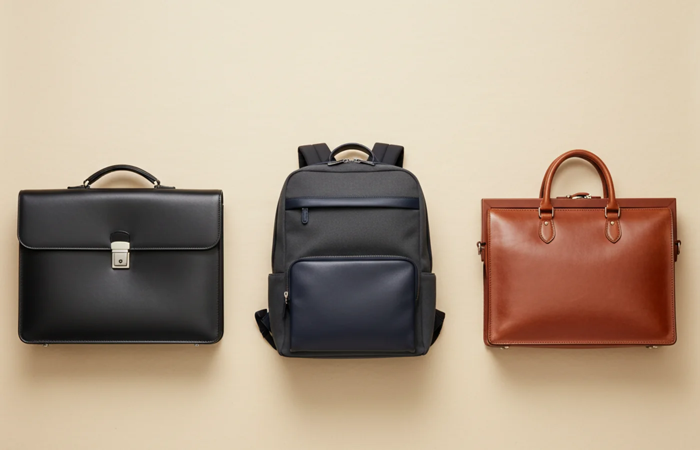 Vue d'ensemble : trois familles de sacs business cuir alignées
